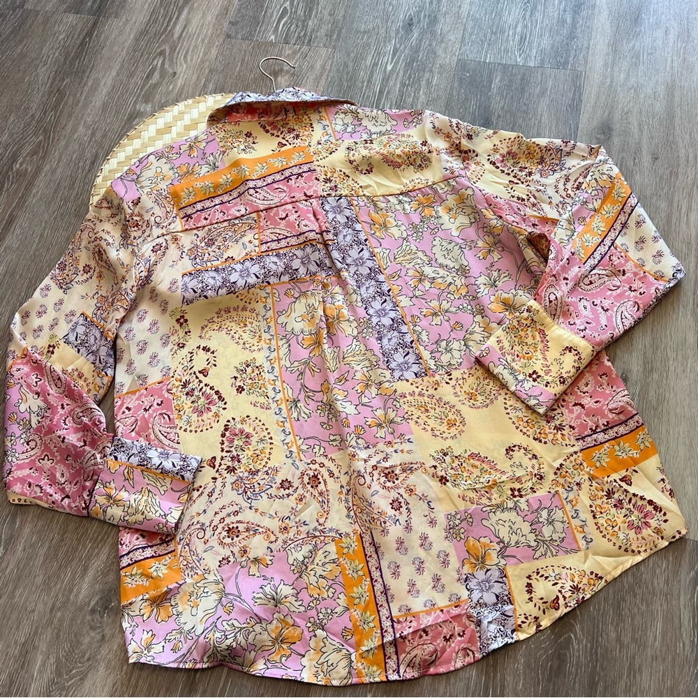 Zara Pink Yellow Floral Patchwork Button-Up Blouse - Picture 7 of 7